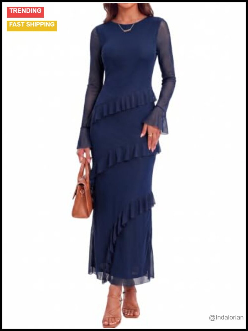 Womens Long Sleeve Maxi Dress Ruffle Semi-Sheer Wedding Guest Party